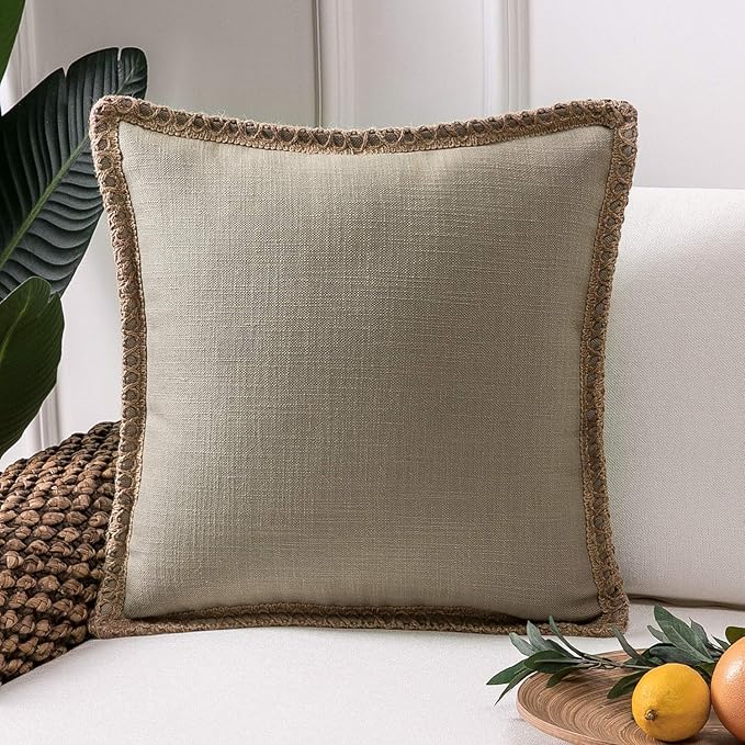 Phantoscope Farmhouse Solid Throw Decorative Pillow Cover Burlap Linen Trimmed Tailored Edges Outdoor Pillow Beige 18 x 18 inches, 45 x 45 cm