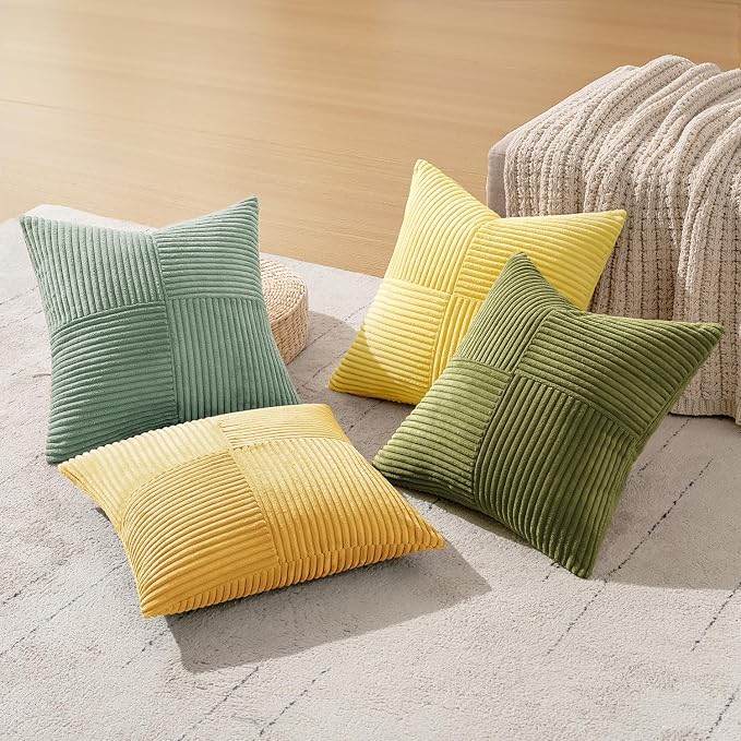 MIULEE Boho Farmhouse Spring Decorative Throw Pillow Covers 20x20 Inch 4 Packs Soft Vintage Pillow Cases Modern Corduroy Patchwork Cushion Covers for Couch Sofa Bed Summer Home Decor, Yellow Green