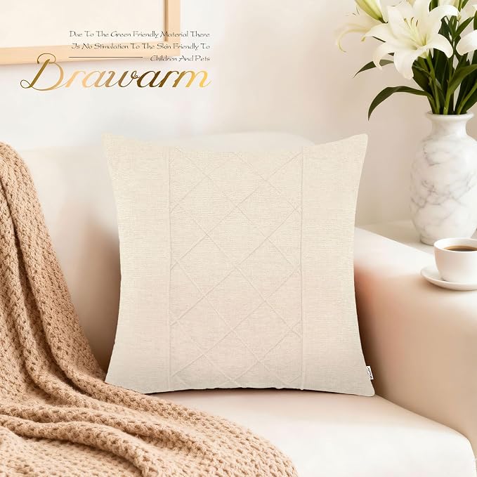 BRAWARM Chenille Throw Pillow Covers 16x16 Inches, Cream, 2 Pack | Decorative Pleated Pillow Covers, Soft Cushion Cases for Sofa Bed Living Room Home Farmhouse (No Insert)