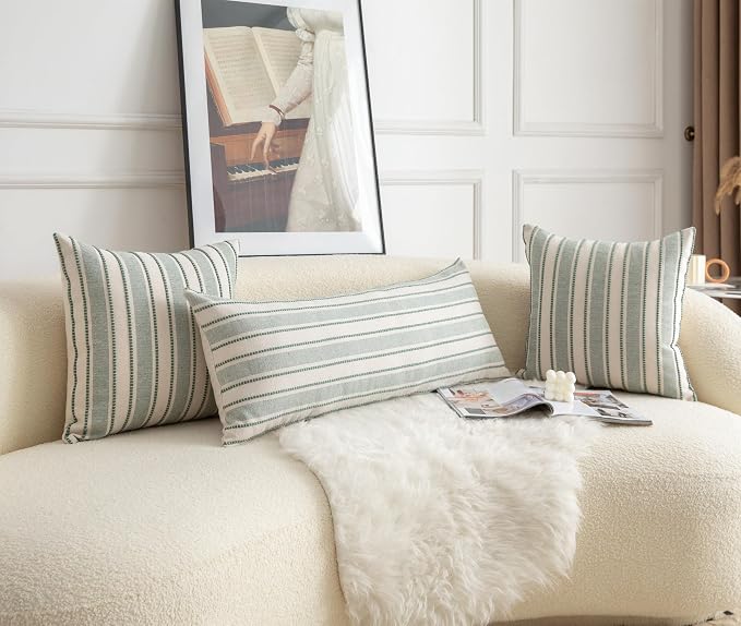 Cethom Decorative Boho Lumbar Pillow Covers, Modern Farmhouse Couch Pillowcase, 14 x 36 Long Accent Body Throw Pillow Covers, Sofa Bed Living Room Decor Cushion Case, Green and Beige, Pack of 1
