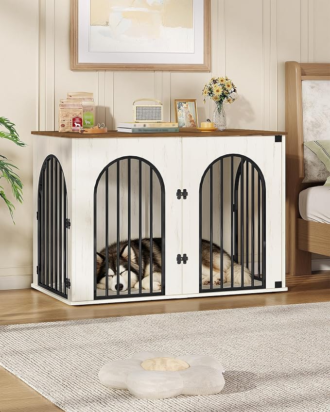 Hzuaneri 46.5'' Dog Crate Furniture,Dog Kennel Indoor for Medium/Large Dogs | Dog Kennel Furniture Wooden Dog Cage Heavy Duty Dog Crate Decorative Pet House End Side Table TV Stand,White Brown DFC93914B