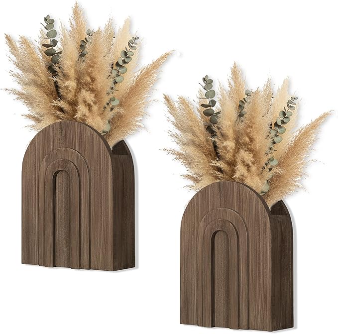 2 Pack Natural Wooden Wall Vase for Pampas Grass, Rustic Wall Decor | Wooden wall vase set for faux greenery and eucalyptus; rustic farmhouse wall decor for bathroom, hallway or entryway