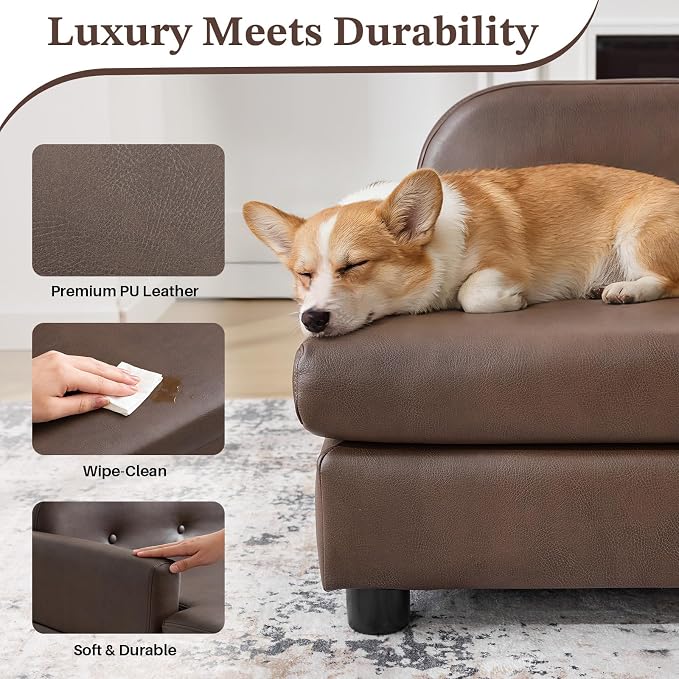 Luxury Dog Sofa Bed Elevated Pet Couch with Durable Waterproof Leather | Dog Couch with Orthopedic Sponge, Modern Furniture Style Dog Lounge & Pet Bedside Step, for Small/Medium Dogs/Cats, Gray
