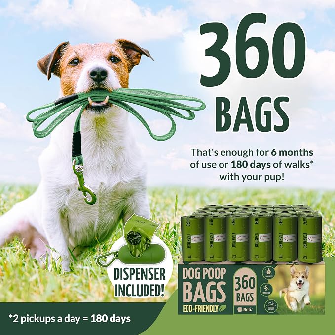 Reli. Poop Bags Rolls | Dog Poop Bags for Dogs (360 Count) | Biodegradable | Leak-Proof | 9x13" | Green Dispenser | Oxobiodegradable | Unscented