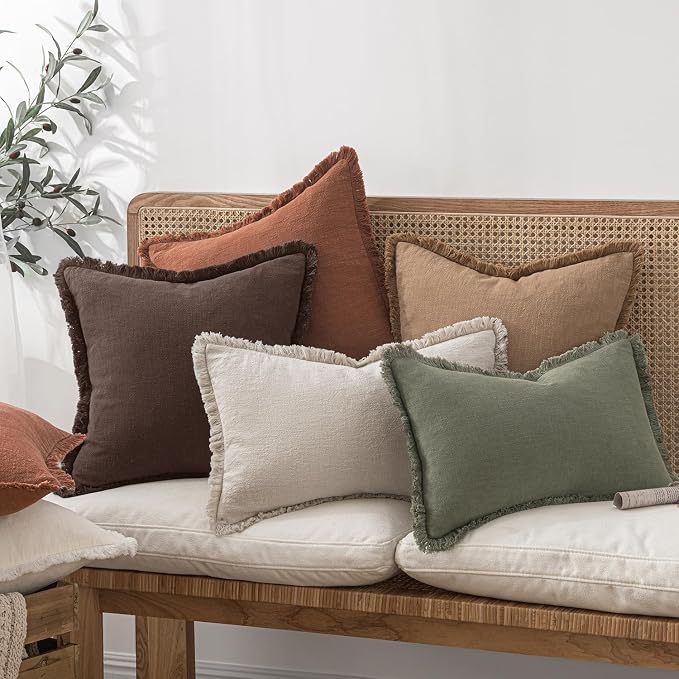 MIULEE Linen Fringe Decorative Fall Euro Pillow Covers Dark Brown 24x24 | Set of 2, Cottagecore Decor, Boho Farmhouse Neutral Throw Pillow Covers, Rustic Fall Couch Cushions for Sofa Bed Living Room