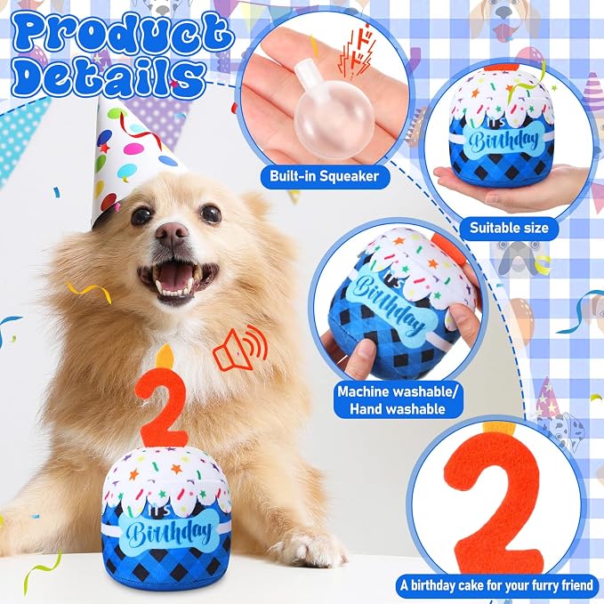 Dansydaisy Dog Birthday Cake Toy Squeaky Plush Gift,2nd,Blue Grid
