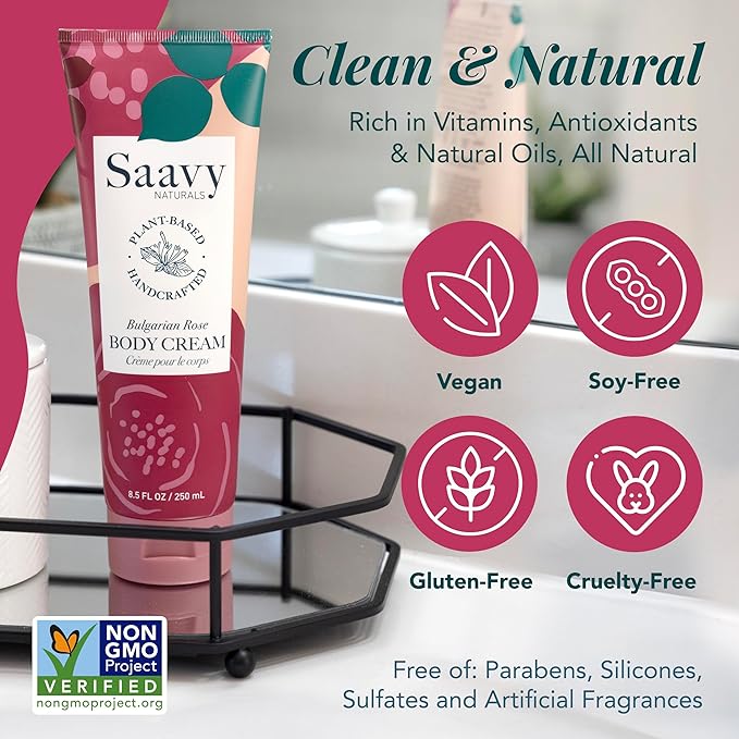 Saavy Naturals Deeply Hydrating Body Cream for Dry Skin – Nourishing Shea Butter, Plant-Based & Sustainably Sourced – Bulgarian Rose – 8.5 fl oz, 1 pack