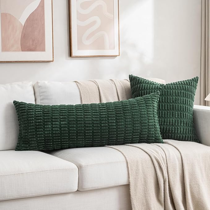 Fancy Homi Decorative Throw Pillow Covers for Bed Couch Bedroom Bench, Soft Corduroy Solid Pillow Case, Rustic Farmhouse Boho Room Decor,36" x 14" (Pack of 1),Forest Green