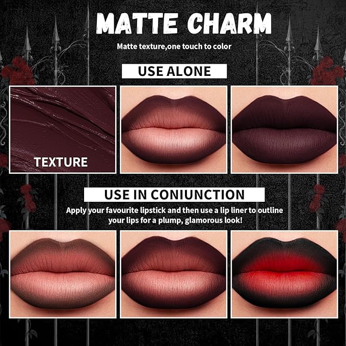 3 Colors 2 in 1 Gothic Lip Liner Set, Matte Dark Brown Red Black Lip Liner Plumping Smooth Creamy Lip Pencil, High Pigmented Long lasting Lip Stain Lipstick Goth Halloween Makeup, 06+07+08