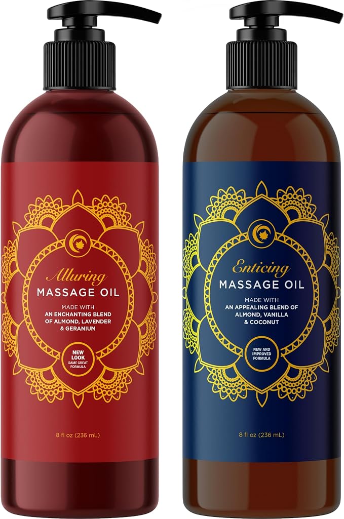 Alluring Lavender & Luxurious Vanilla Massage Oil Set - Aromatherapy Full Body Massage Oil Bundle with Naturally Scented Vegan Non GMO & Gluten Free Ingredients (8 Fl Oz Each)