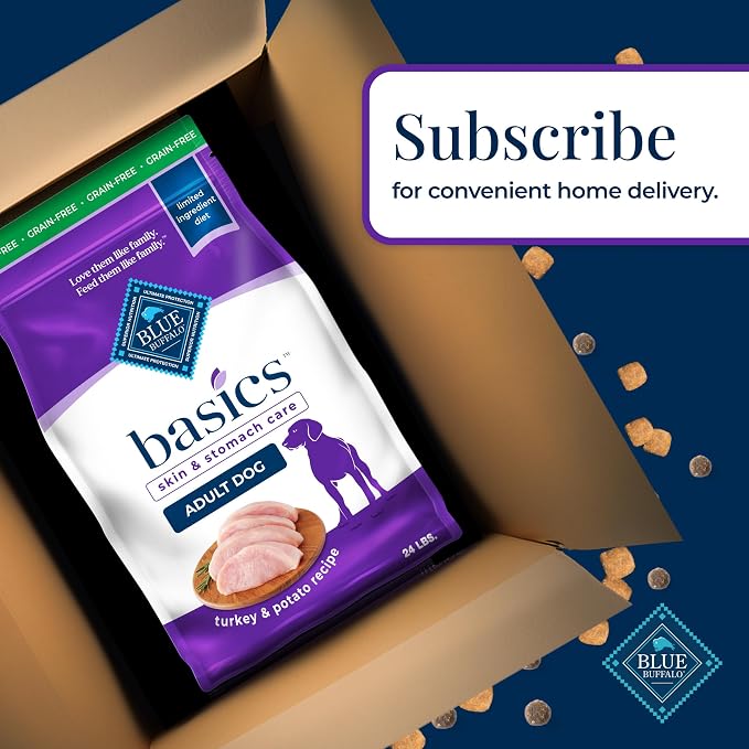 Blue Buffalo Basics Turkey Adult Grain-Free Dry Dog Food, 24 lb | Skin & Stomach Care, Real Turkey #1 Ingredient, Limited Ingredient Diet, Antioxidant-Rich LifeSource Bits, Skin & Coat Health