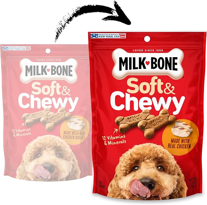 Milk-Bone Soft & Chewy Dog Treats, Made with Real Chicken, 10 Pouches | 5.6-oz. pouches, delicious, tender dog treats, easy to chew, for dogs of all ages and sizes