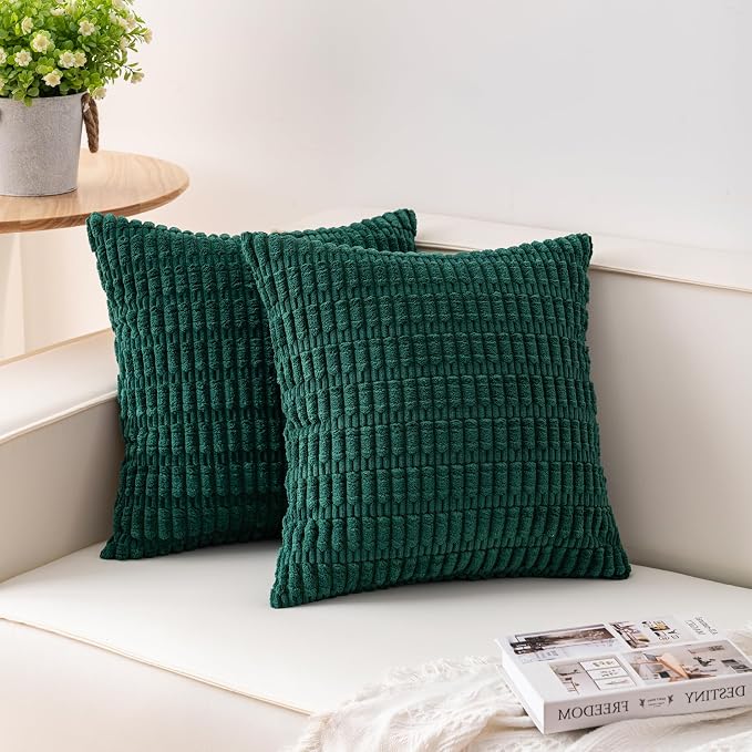 Pack of 2 Corduroy Decorative Throw Pillow Covers 18x18 Inch, Dark Green | Fall Soft Striped Pillow Covers Modern Farmhouse Home Decor Christmas Throw Pillow Covers for Sofa Living Room Couch Bed