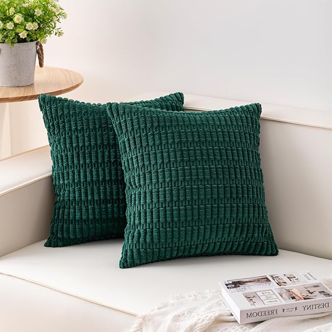 Aegero Pack of 2 Corduroy Decorative Throw Pillow Covers 22x22 Inch Soft Striped Pillow Covers Modern Farmhouse Home Decor for Sofa Living Room Couch Bed（Blackish Green）