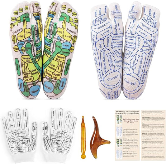 Reflexology Socks Set with Gloves Tools, 2 Pairs Chiro Acupressure Acupuncture Trigger Point Foot Hands Pain Relief Remedy Acupoint Massage Birthday Gifts for Women C