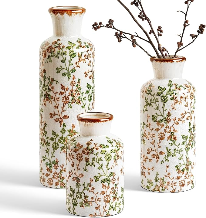 LE TAUCI Ceramic Vase Set of 3, Vintage Botanical Flower Vases for Fresh or Dried Flowers, Cottagecore Home Decor for Coffee Table, Mantel, Shelf, Entryway, Vine Green