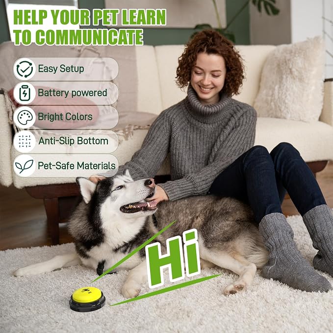 Dog Buttons for Communication, 8 Pack Recordable Talking Buttons for Dog Training with 30 Seconds Voice Recording | Includes Non-Slip Mat & Dog Bath Brush Present Set