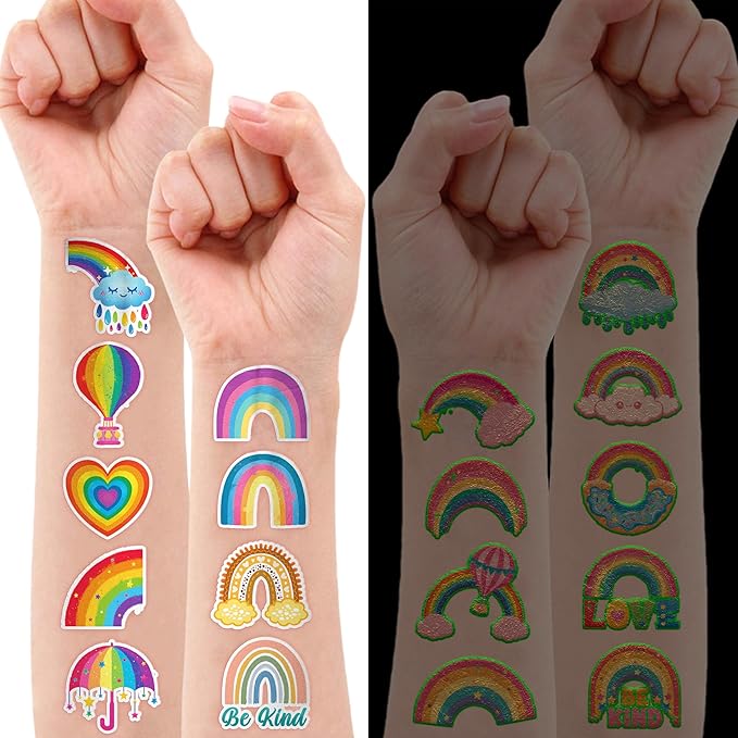 96 PCS Rainbow Pastel Rainbow Pre-Cut Luminous Glow in the dark Temporary Tattoos for Kids | Super Cute Themed Birthday Party Favors Supplies Decorations, Fake Tattoo Stickers Gifts for Boys Girls