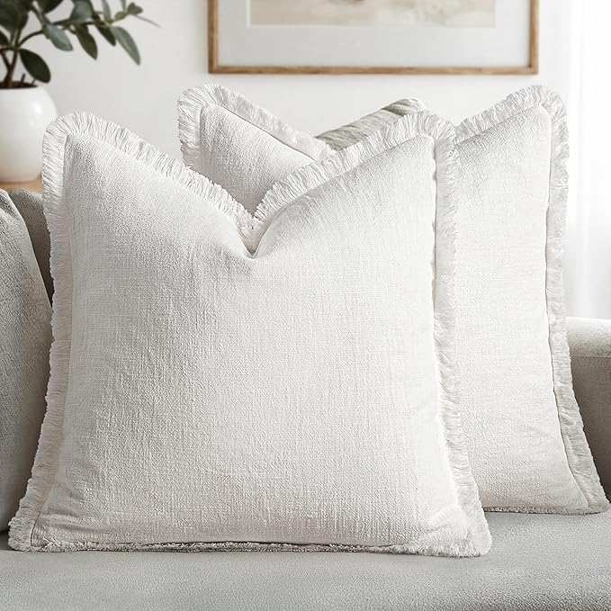 MIULEE Boho Linen Fringe Decorative Throw Pillow Covers White 20x20 | Set of 2, Cottagecore Decor, Boho Farmhouse Neutral Pillow Covers, Rustic Couch Cushion Cases for Sofa Bed Living Room