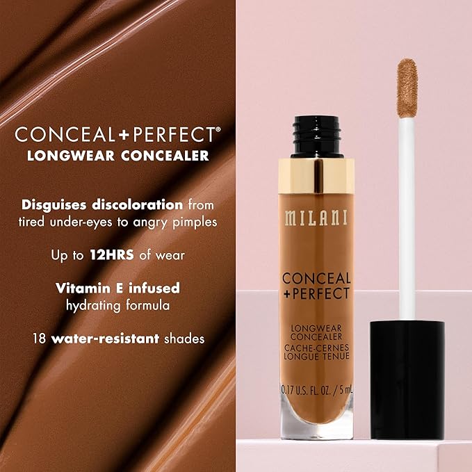 Milani Conceal + Perfect Longwear Concealer Full Coverage Infused with Hyaluronic Acid & Vitamin E, Cover Dark Circles, Blemishes & Skin Imperfections for Long-Lasting Wear - Medium Beige