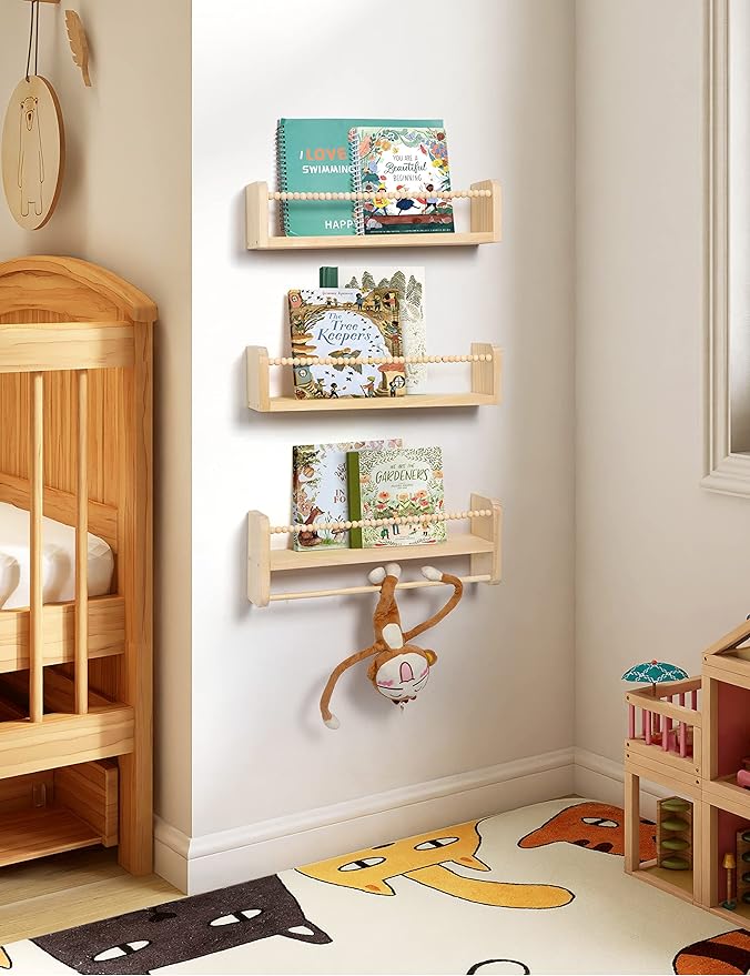 Maxpeuvon Nursery Shelves for Wall Set of 3, Natural Wood Floating Shelves | Kids Bookshelf with Towel Bar, Wall Mounted Organizer and Decor with Beads, for Kids Room, Bedroom and Kitchen