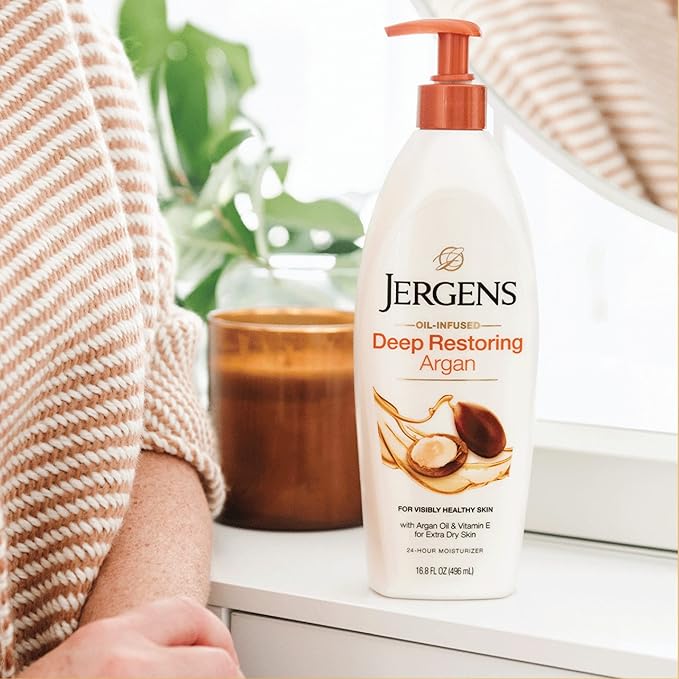 Jergens Deep Restoring Argan Oil Moisturizer, Soothing Body and Hand-Lotion with Reviving Argan_Oil and Vitamin E, Oil-Infused, Dermatologist Tested, 16.8 oz (Pack of 2)
