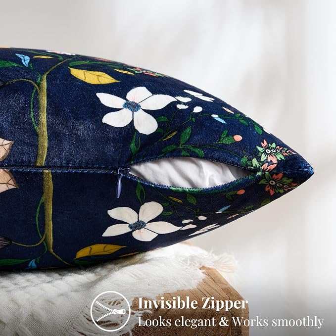 Navy Blue Velvet Floral Decorative 12x20 Lumbar Pillow Covers Set of 2 | Durable and Sturdy,Botanical Printed Pattern,Throw Pillows Case,Rectangle,Colorful Farmhouse,Home Sofa Bed Couch Decor