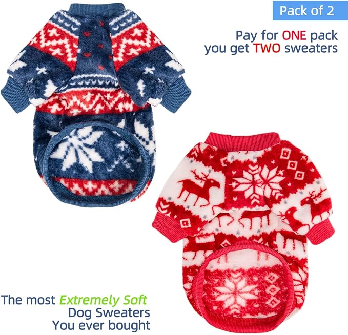 FabriCastle Christmas Dog Sweater, 2-Pack Dog Clothes, Ultra Soft and Warm Pet Jackets for Small Dogs & Cats, Winter Pet Apparel Costumes, Puppy Outfits (Red,Blue, X-Large)