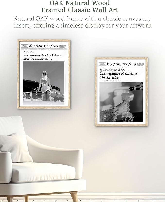 iHery 12x16in Champagne Problems on the Rise Framed Newspaper Art | Natural OAK Wood Frame with Canvas Print, Vintage Champagne Decor for Bar Cart, Kitchen, Living Room and Bathroom, 1Pack