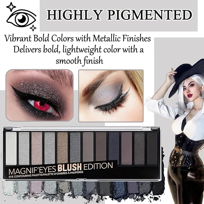 Black Grey Smoky Eyeshadow Palette,15 Colors Matte Shimmer Pigmented Eye Shadow Makeup Palette Set with 3 Eyeshadow Brushes,Glitter Eye Shadow Palette for Daily Halloween Goth Makeup(G)