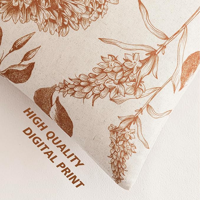 Foindtower Set of 2 Linen Floral Throw Pillow Covers Vintage Accent Print Decorative Cozy Cushion Covers Farmhouse Boho Home Decor for Sofa Chair Couch Bedroom Living Room,22×22 Inch,Autumn Orange