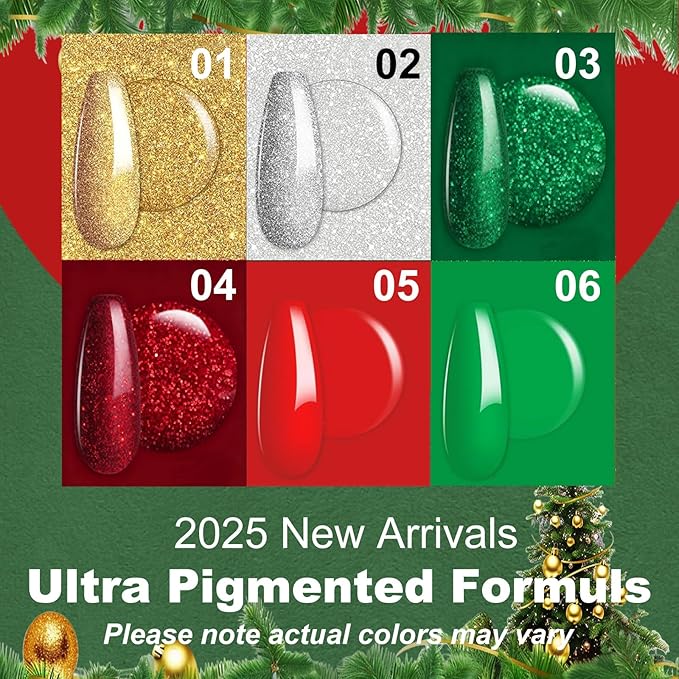 Red Christmas TPO Free Gel Nail Polish Set,6pcs 10ml red gold Green Glitter Sparkle Winter Long-lasting Soak Off UV Light Cure Gel Polish Kit for Salon and as a Gift for Daily Life at Home