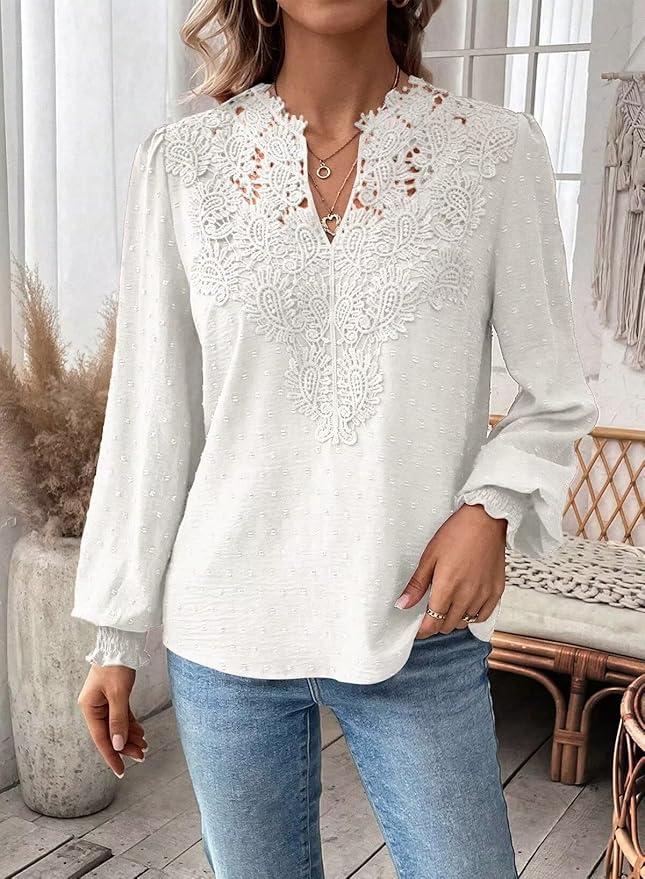 Womens Tops Swiss Dot Boho Long Sleeve Shirts V Neck Casual Chiffon Blouses Flowy Lace Hem Cute Clothing Trendy 2026