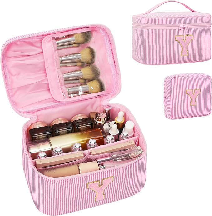 MONSTINA Personalized Initial Makeup Bag for Women,Make Up Case for Girlfriend Bridesmaid Wife,Birthday Gift for Her Cute Toiletry Bag,Period Bag Sanitary Napkin Storage Bag|Tampon Pouch,Pink Y