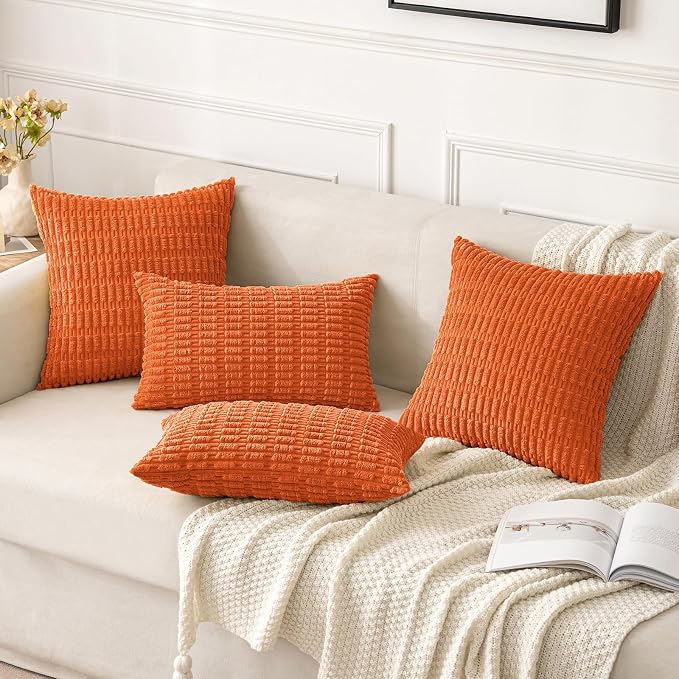 MIULEE Fall Corduroy Decorative Throw Pillow Covers 18x18 Orange Pack of 2 | Soft Boho Striped Pillow Covers Modern Farmhouse Autumn Home Decor For Sofa Living Room Couch Bed