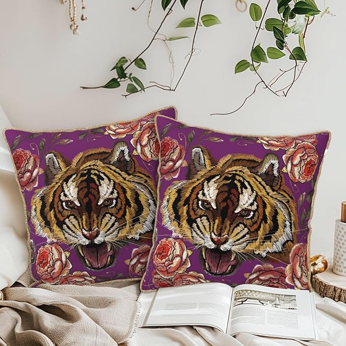 Tiger Flower Purple Velvet Pillow Covers 18x18 Inch Pink Floral Animal Throw Pillows for Couch Cushion Covers Pillowcase Farmhouse Modern Pillow Cases for Sofa Bed Living Room Bedroom