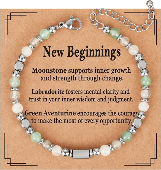 Natural Healing Crystal Bracelet for Women, Triple Protection Anxiety Relief New Beginnings Good Luck Empath Protection Jewelry Gift for Friends Daughter Mom 6.5+1.8 Inches