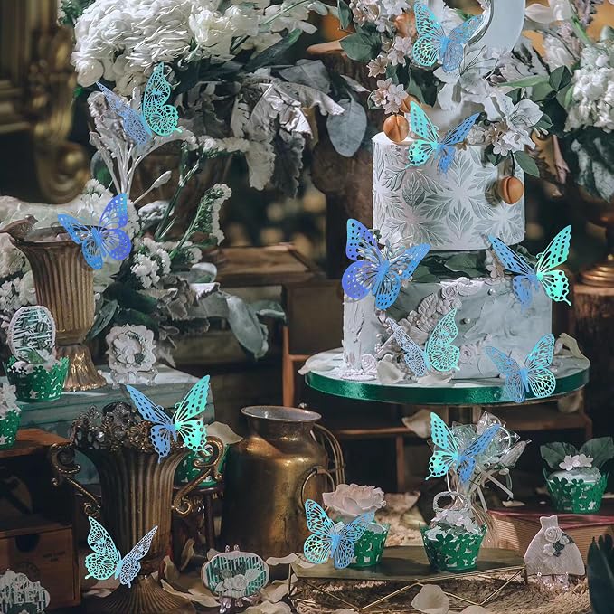 SAOROPEB 3D Butterfly Wall Decor 48 Pcs Laser Blue Butterfly Decorations | 4 Styles 3 Sizes, Butterfly Birthday Decorations Butterfly Party Decorations Cake Decorations, Removable Stickers