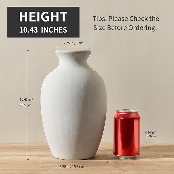 Large Ceramic Rustic Flower Vase, 10.43 Inch Tall Vintage Pottery Home Decor, Antique Farmhouse Terracotta Vase for Living Room, Shelf, Table, Mantel Decoration, Farmhouse - Off-White