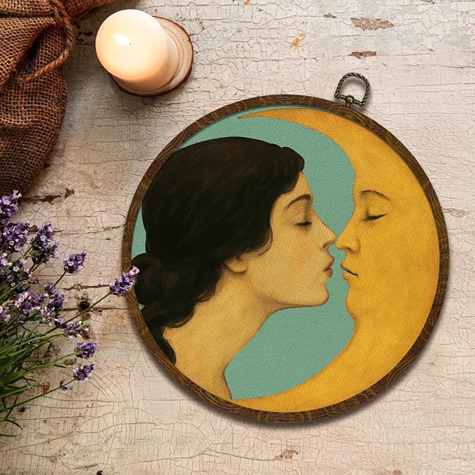 Retro Celestial Decor,Romantic Moon and Young Girl Round Wall Art,Vintage-Inspired Celestial Canvas Print, Surreal Moon and Woman Hanging Decor for Bedroom, Gallery Wall, or Dreamy Space 10''x10''(Green)