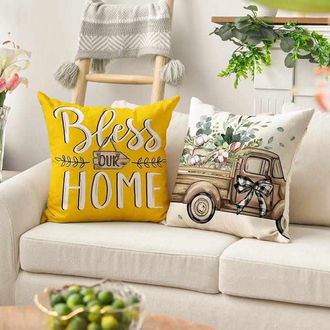 AVOIN colorlife Bless Our Home Farmhouse Eucalyptus Leaves Throw Pillow Covers, 16 x 16 Inch Yellow Truck Home Sweet Cushion Case Decorations Set of 4