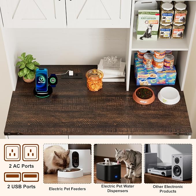 71Inches Tall Cat Litter Box Enclosure for Cats W/Power Outlets,Open Shelves.Wooden Pet Washroom Furniture W/Locks,Cabinet.Indoor Cats House,Hidden Cat Litter Box for Living Room,Bedroom(White-3)