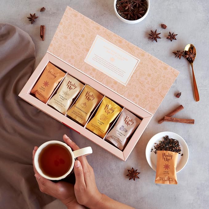 Pinky Up Chai Tea Gift Sampler, Variety Tea Packets of Flavored Tea, Loose Leaf Tea Sampler, Caffeinated Tea and Non-Caffeinated Tea Individual Packets