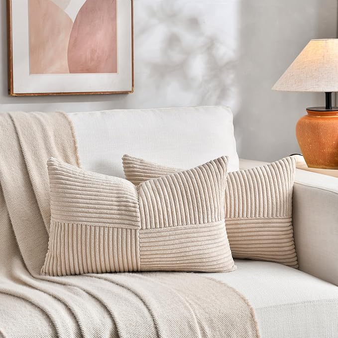 Fancy Homi Tan Lumbar Decorative Throw Pillow Covers 22x14 Inch for Living Room Couch Bed Sofa, Boho Home Decor, Soft Striped Corduroy Rectangle Accent Beige Cushion Case 35x55 cm