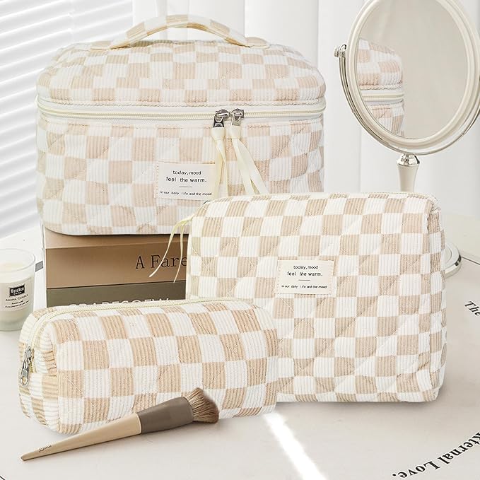 GISMTR 3Pcs Makeup Bag Cotton Quilted Travel Cosmetic Bag Cute Floral Makeup Pouch Large Toiletry Bag for Women Girls
