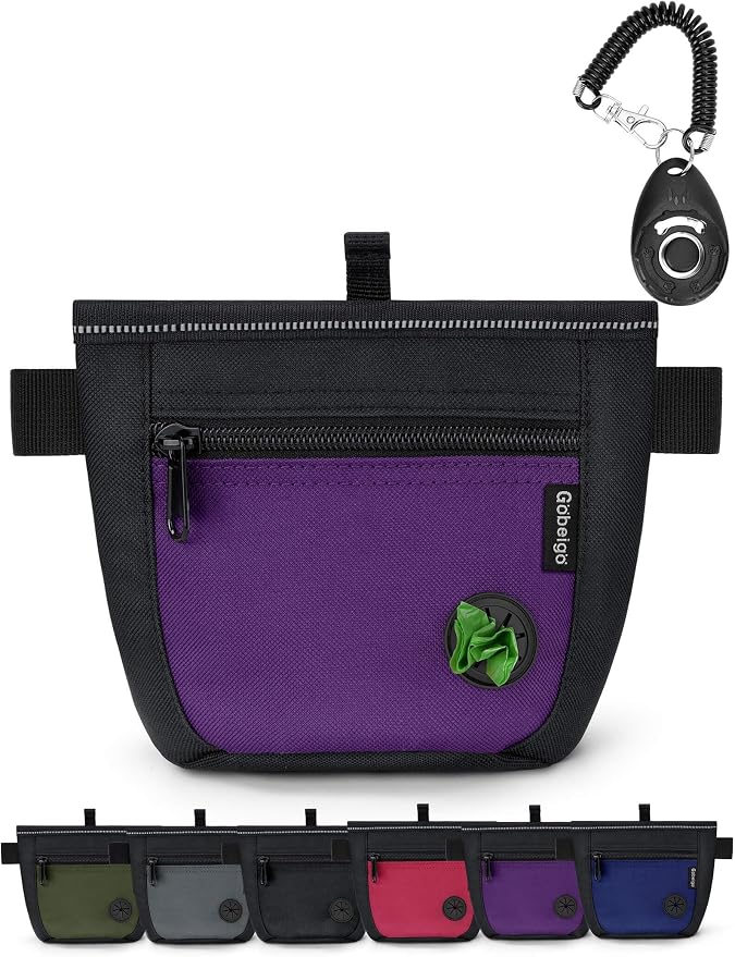 Gobeigo 2 Cup Dog Treat Pouch with Training Clicker(Black/Purple) | 2 Pair Magnetic Closures, Zipper Pocket with Poop Bag Holder, Waist Belt & Metal Clip to Wear for Pet Training/Daily Walking