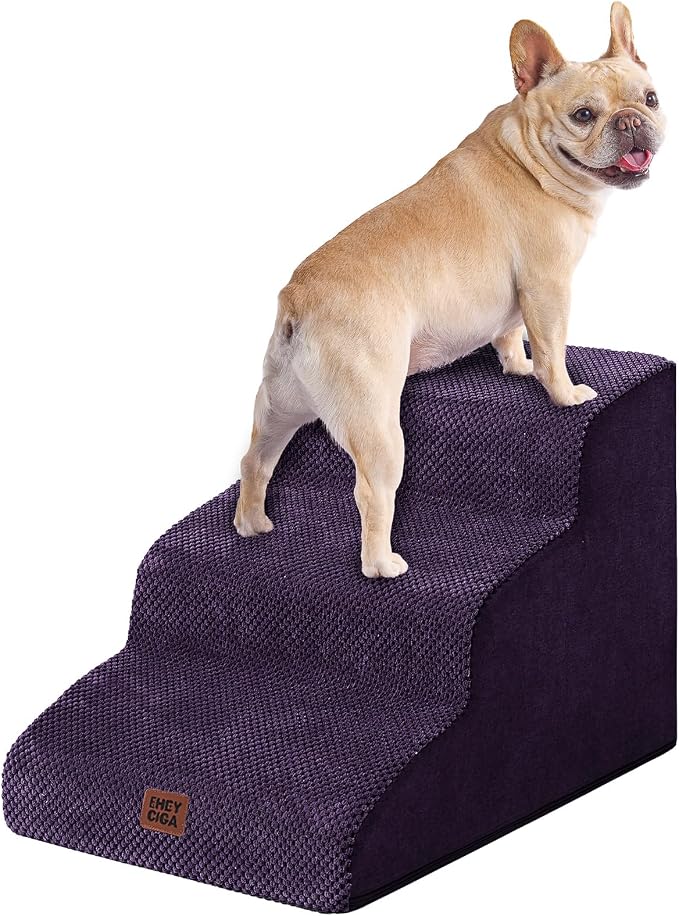 EHEYCIGA Curved Dog Stairs Ramp, 3-Step Dog Steps, 15.7" H Pet Step | 33D density of pure foam, for Small Dogs and Cats, Pet Stairs for High Bed Climbing, Non-Slip Balanced Indoor, Purple