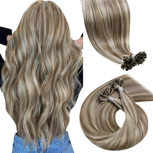 LaaVoo K Tip Hair Extensions Real Human Hair Highlight Brown Utip Hair Extensions Human Hair Light Brown and Golden Blonde Ktip Human Hair Extensions Short Straight 50s 50g 16 inch