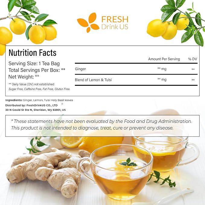 FreshDrinkUS, Premium 35 Tulsi Lemon Ginger Tea Bags, 100% Natural & Pure from Tulsi Holy Basil Leaves, Lemon and Ginger. Made with Natural Material Tea Bags. No Sugar, No Caffeine, Vegan.