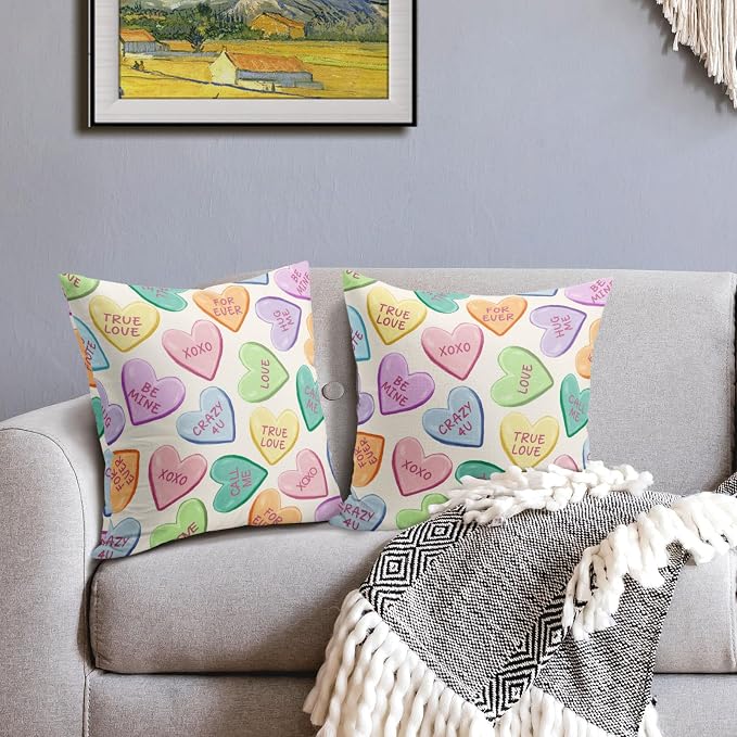 Valentine's Day Pillow Covers 22X22 Inch Set of 2 Colorful Cute Hearts Decorative Pillow Cases Candy Love Heart Anniversary Wedding Cushion Case Valentine Party Home Decor for Sofa Couch